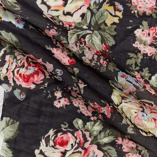 Presenting cabbage a rose floral print on black base silk blended with cotton featuring good drape