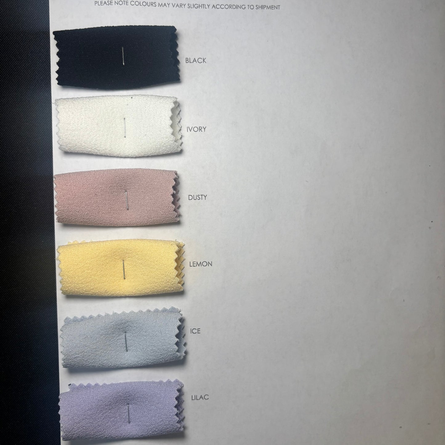 Presenting the Dublin Color Card showing Black, Ivory, Dusty, Lemon, Ice and Lilac updated August 2025