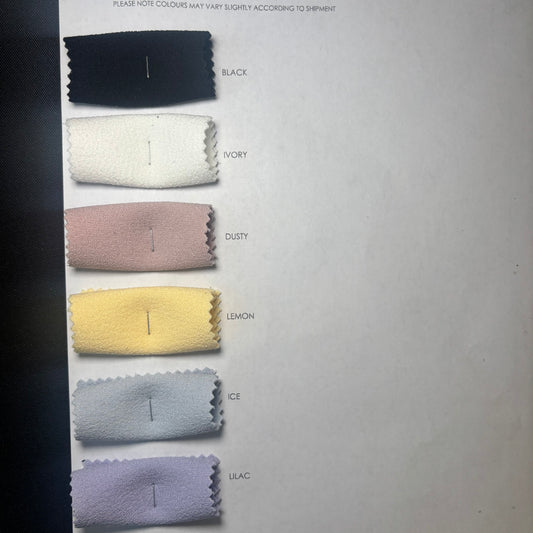 Displaying the Dublin Color Card showing Black, Ivory, Dusty, Lemon, Ice  and Lilac updated August 2025