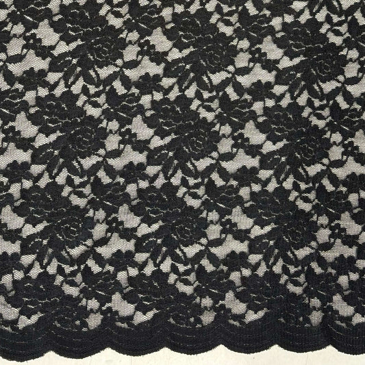 Showing Dash Stretch Lace black cclored spandex and polyester blended floral body weight stretchable lace fabric