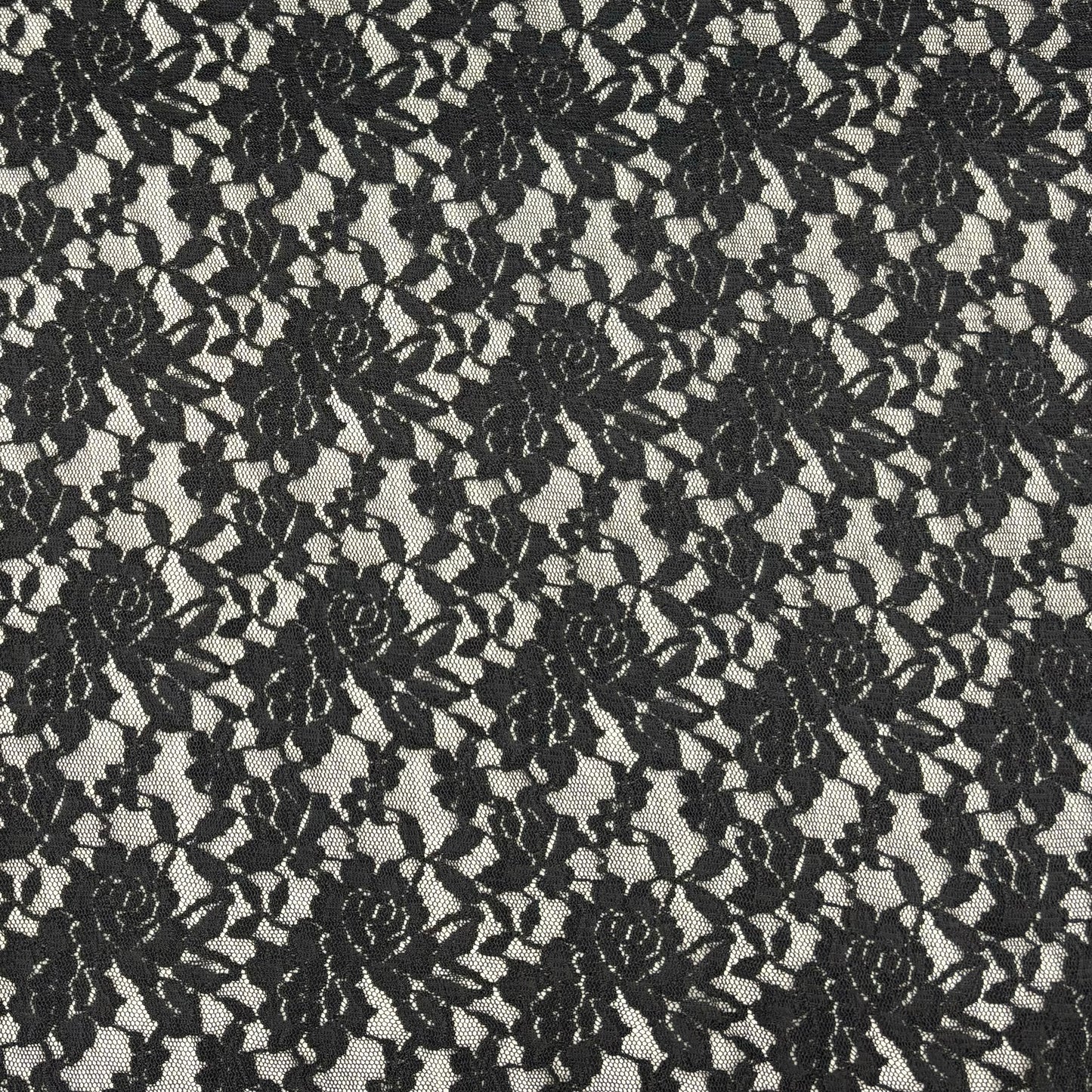 Displaying Dash Stretch Lace black cclored spandex and polyester blended floral body weight stretchable lace fabric