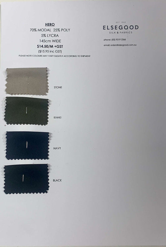 Showing the Hero color card with the swatches for Stone, Khaki, Navy and Black shades