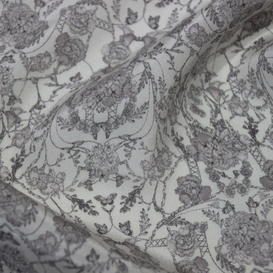 Presenting Filigree a gray toned floral print on pure silk