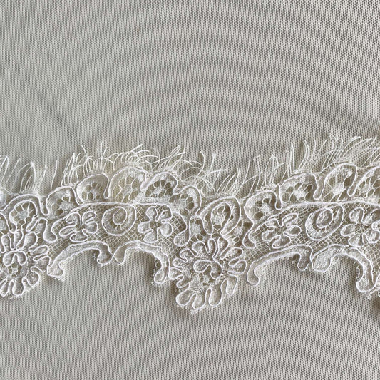 Presenting ingrid an ivory colored Scalloped rayon and nylon lace with corded embroidery and eyelash on trim in closeup