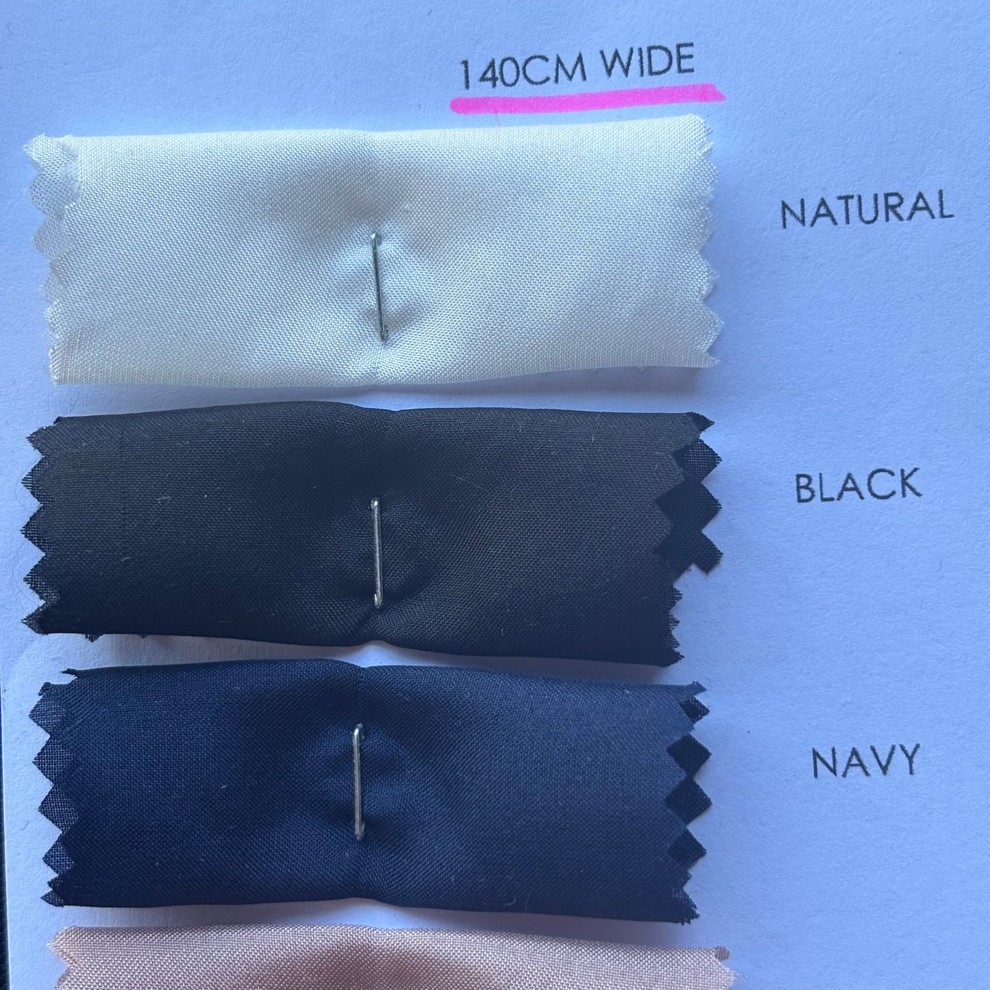 Presenting a selection of color card swatches natural, black and navy for Jap Silk