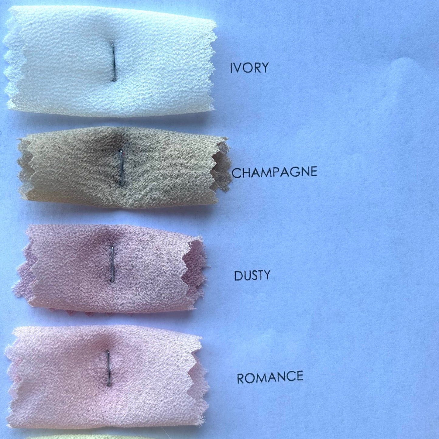 Presenting the ivory, champagne, dusty and romance colors on the microgette color card