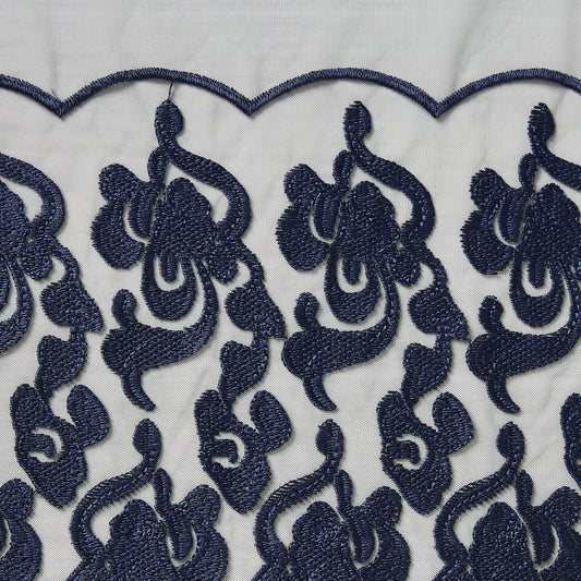 brooklyn presenting the navy color version floral embroidery on rayon and polyester mesh base scalloped