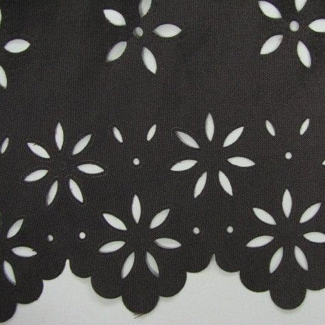 Blowout presenting the Sable color verson of a sateen Nylon and Polyester Floral Edge scalloped edge with cut outs shown