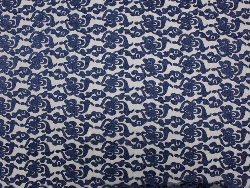 brooklyn presenting the navy color version floral embroidery on rayon and polyester mesh base