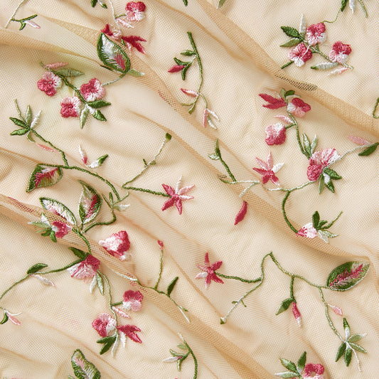 cherish presenting the beige base color version featuring a nylon delicate floral vine embroidery on nude rayon mesh