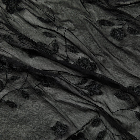 Presenting destiny a black colored Rayon and Nylon Floral Embroidery on sheer black mesh