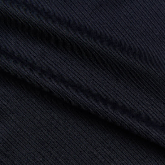 Hepburn presenting the navy color version of a pure polyester Textured woven fabric with fishnet design texture and moderate drape