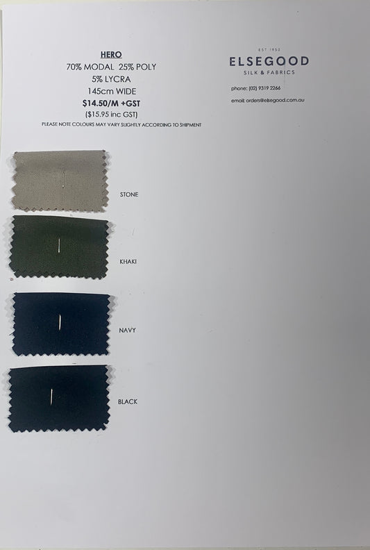 Displaying the Hero color card with the swatches for Stone, Khaki, Navy and Black shades