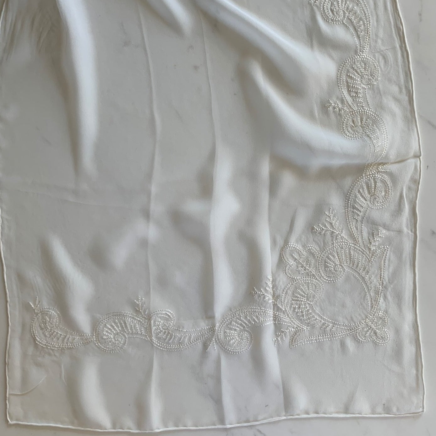 Showing Embroidered Corner Scarf a georgette natural color soft and light weight pure silk scarf embroidered border