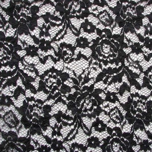 mayfair presenting the black color version of a rayon and nylon classic rochelle lace with rose design and double scalloped edge
