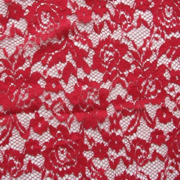 mayfair presenting the red color version of a rayon and nylon classic rochelle lace with rose design and double scalloped edge