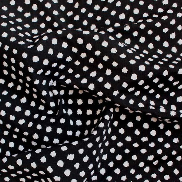meteor presenting a stretchable, reversible, cotton and polyester with spandex blend featuring a dobby weave with white on black spotty blotches and good drape