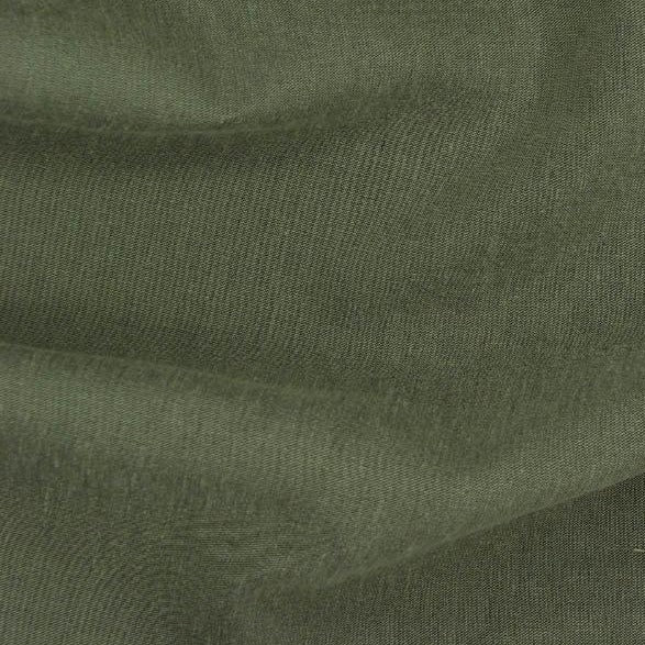 millenium exhibiting the taupe color version of a soft rayon poly and linen blend yarn dyed woven face with chocolate colored satin back