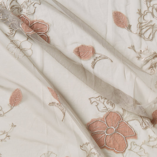 Presenting nymph a pink colored polyester and rayon delicate and pretty floral embroidery on sheer ivory mesh with good drape