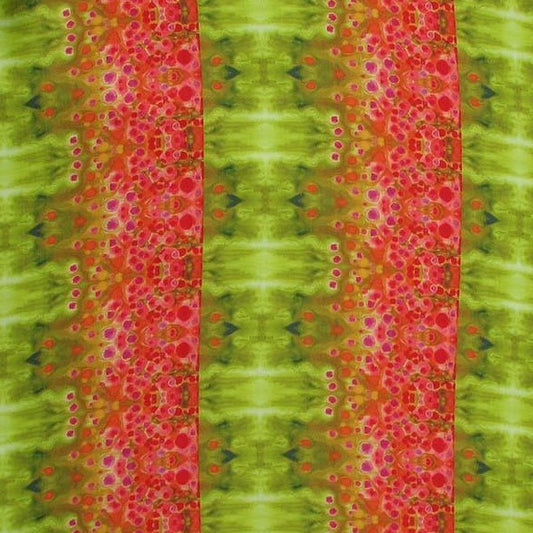 Displaying Haze a Satin chiffon with colorfull green and red print slinky soft feel Micro Polyester featuring fluid drape