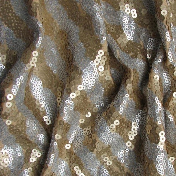 Silverado presenting gold and silver colored Stretch striped Sequins in two toned stripes on Polyester and Spandex with good drape