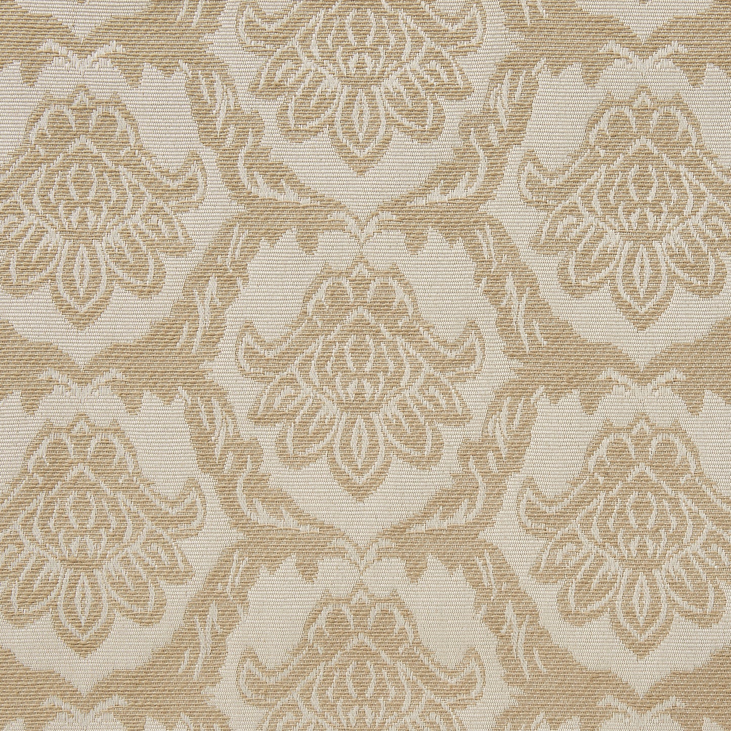 Exhibiting rattan a beige colored jacquard featuring emblem design on medium weight cotton and polyester blend suitable for suiting