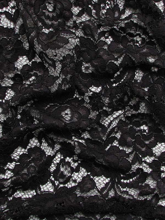 Presenting astoria e black colored fabric with Rochelle lace with rose design nylon and rayon blend featuring good drape