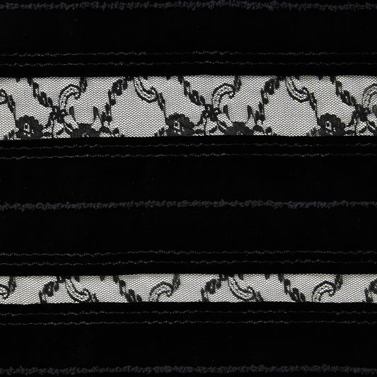 Showing scandal a black colored polyester blended with spandex stretch velvet lace with lace insert