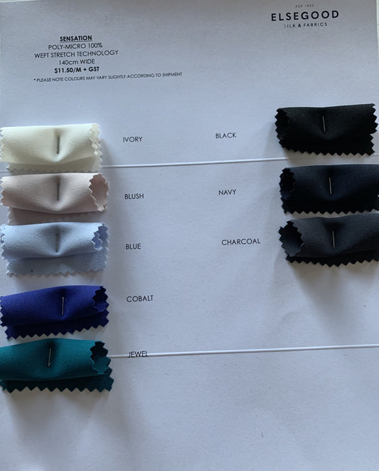 Presenting the sensation colors swatch medium weight pure polyester  with weft natural stretch and fluid drape