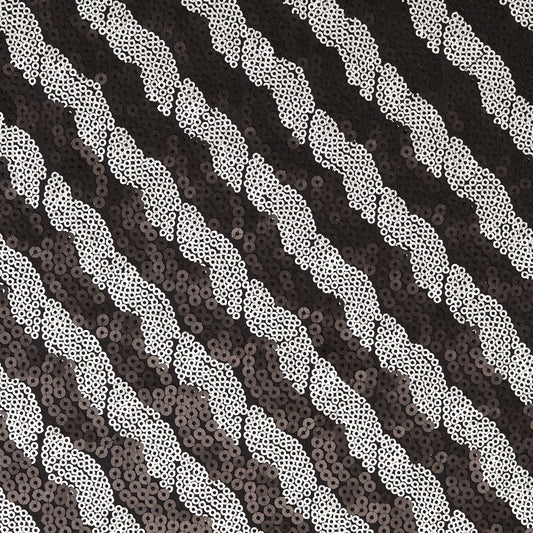 Showing silverado showing black colored sequins in two toned stripes on stretch polyester with spandex with good drape
