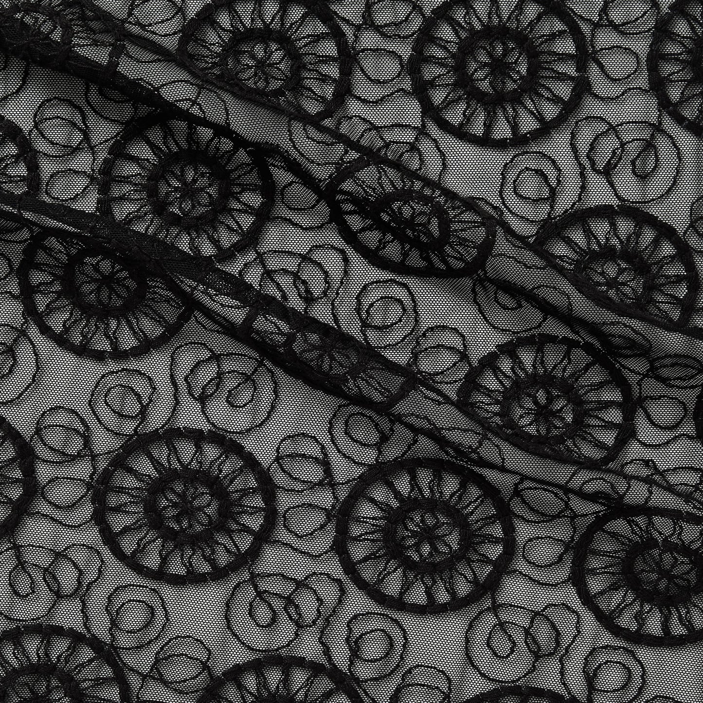 Presenting Solaris a black colored nylon and rayon Abstract solar embroidery design on sheer mesh base