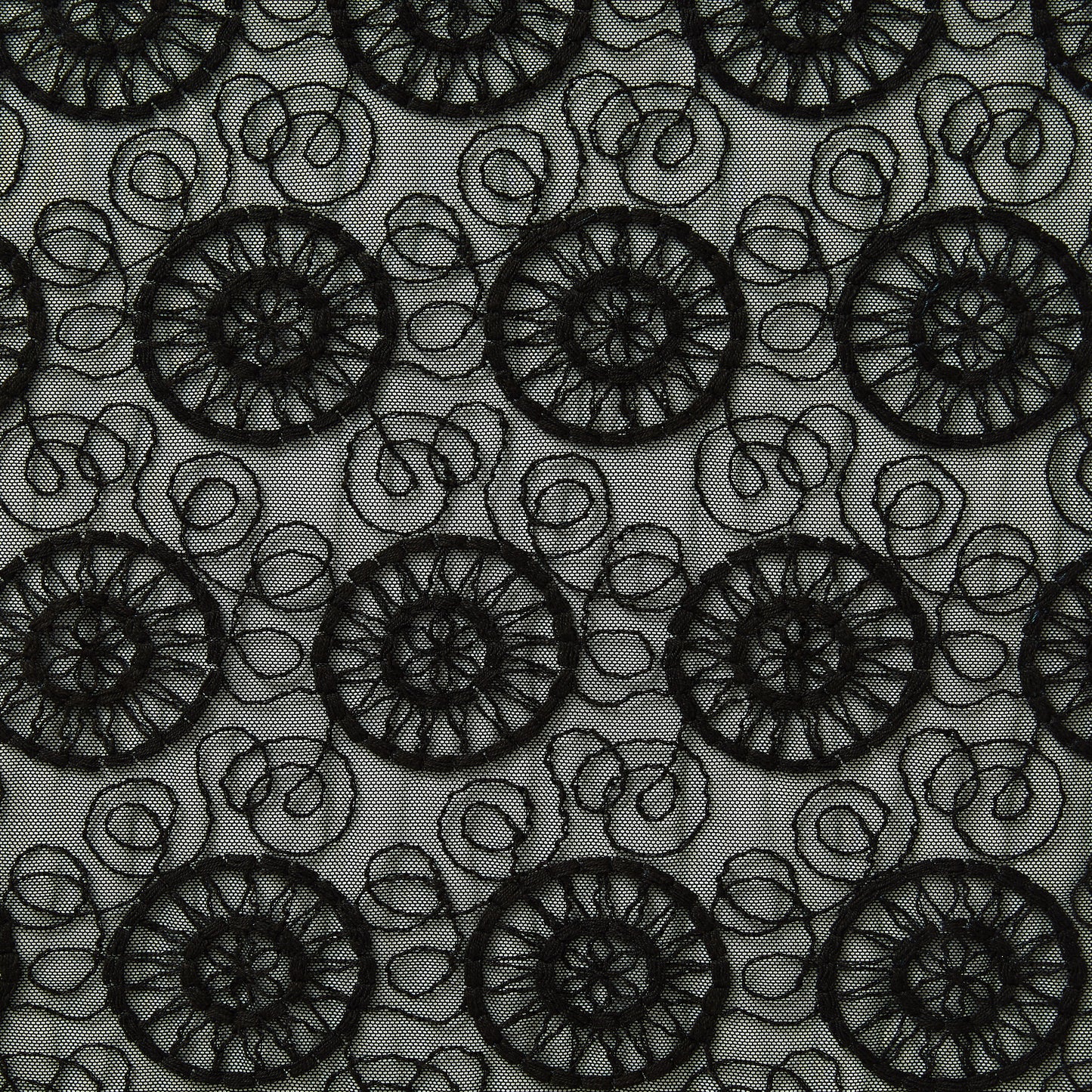 Presenting Solaris a Black colored nylon and rayon Abstract solar embroidery design on sheer mesh base