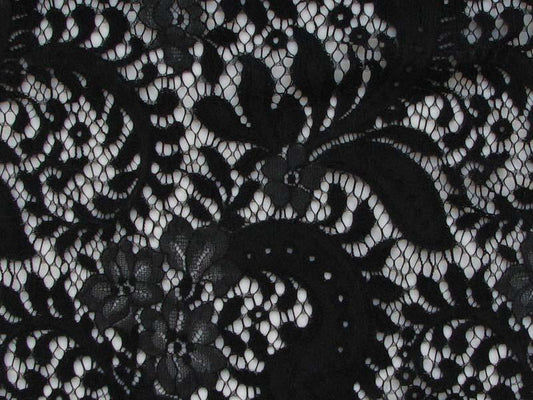Showing sarah a close up of panel lace Black 148cm by 148cm viscose and nylon blend