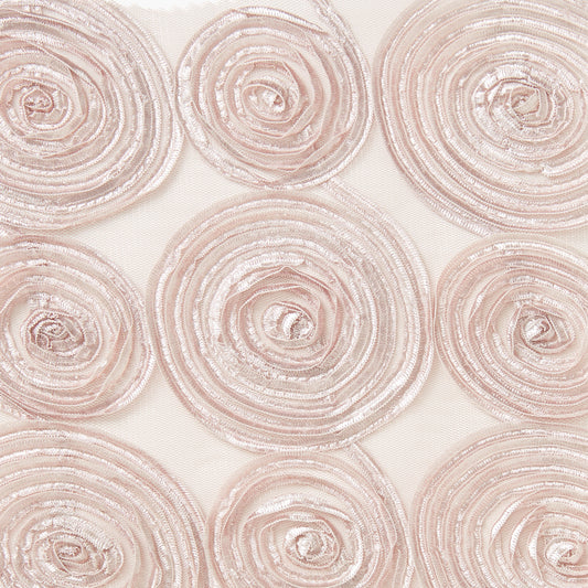 verona showing the tearose color version of a polyester and rayon Spiral Circular ribbon embroidery on sheer white mesh base