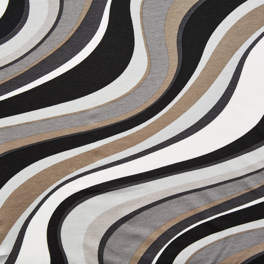 vortex showing the coffee color version of a stretch soft jersey knit with wavy digital print rayon with spandex for figure hugging