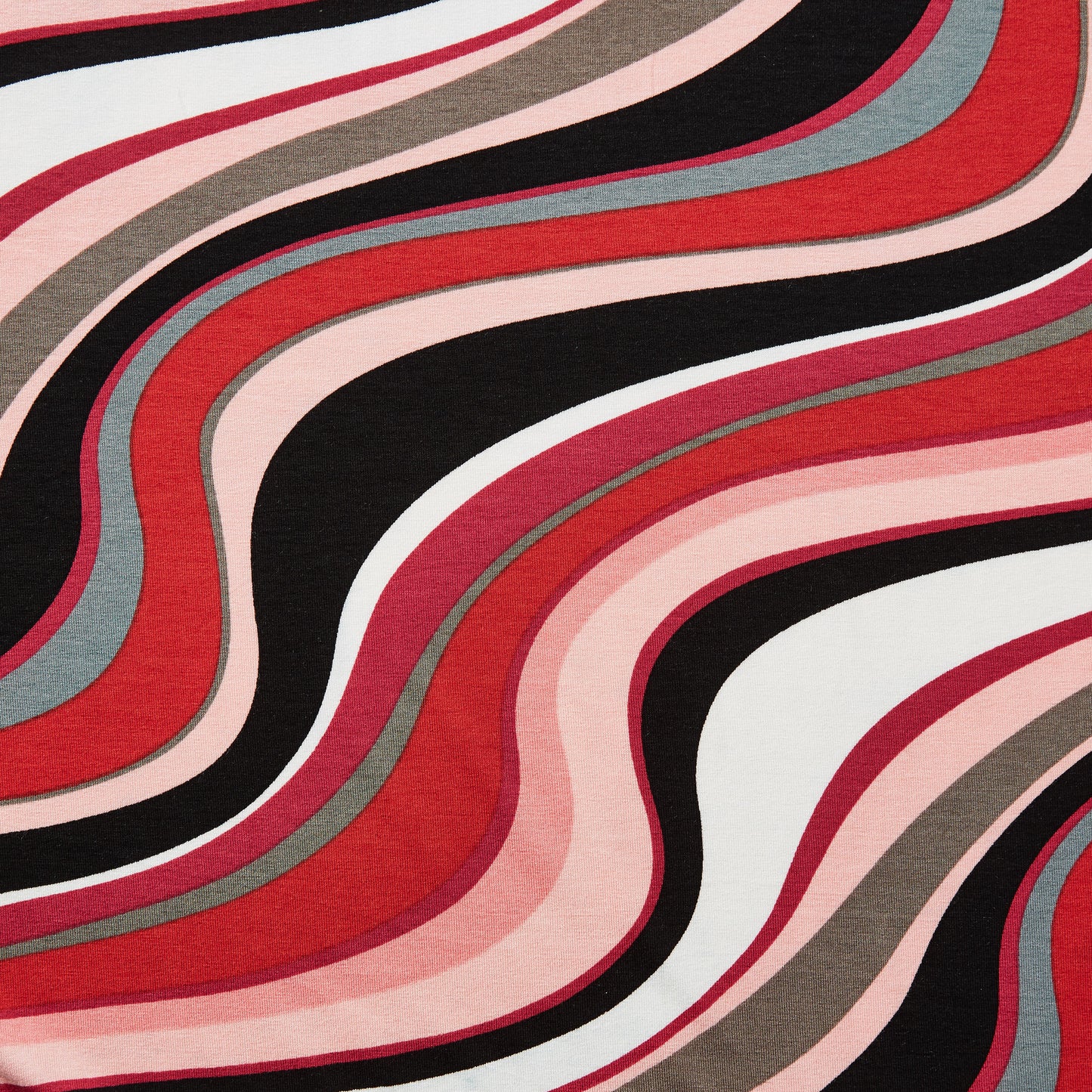 vortex presenting the pink color version of a stretch soft jersey knit with wavy digital print rayon with spandex for figure hugging