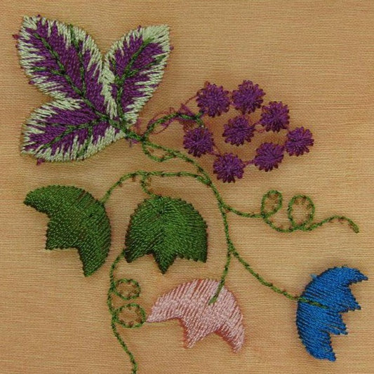 Presenting Venetia Saffron colored Floral Embroidered Silk and rayon Blend in closeup