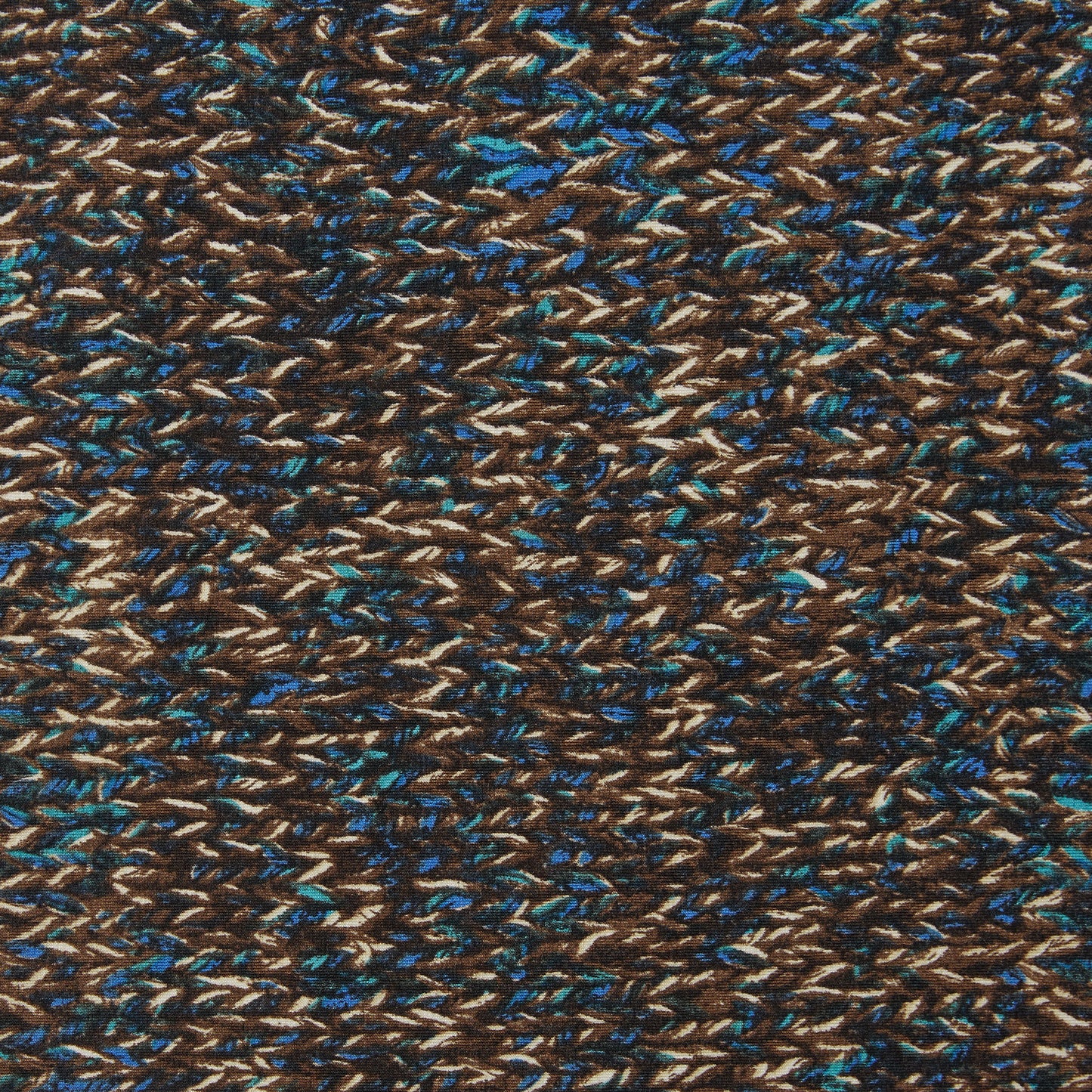 yardley presenting the blue colors version of a soft stretch jersey rayon and spandex knit with digital yarn print for dresses and skirts