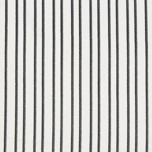 zip showing a white and black colored pure polyester striped rope print with slight sheen and fluid drape