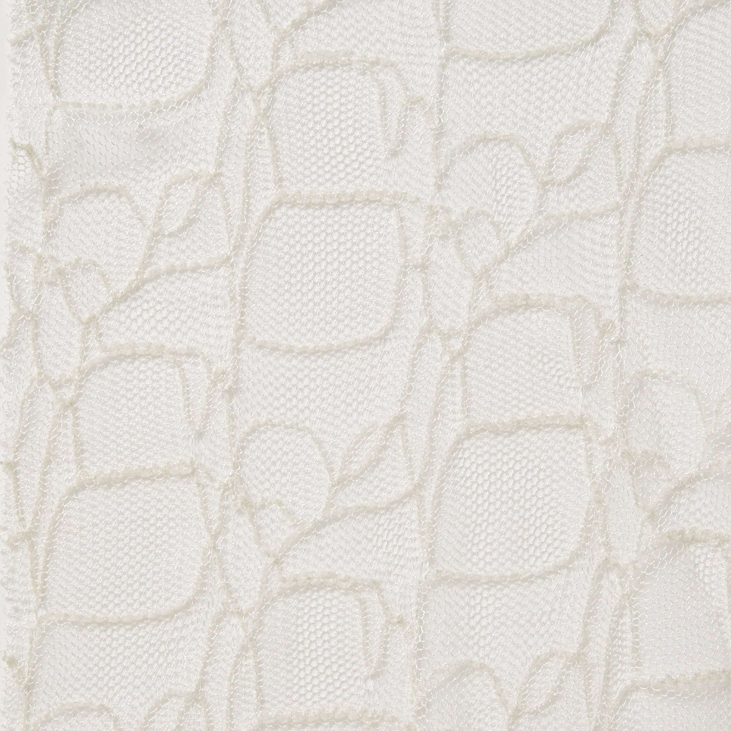 Presenting bedlam ae ivory color fabric with an elegantly simple embroidered design on ivory mesh base as a polyester and rayon blend 