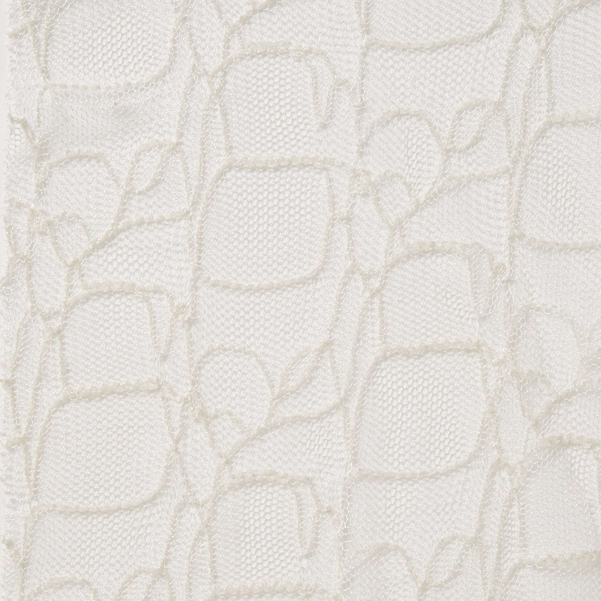 Presenting bedlam ae ivory color fabric with an elegantly simple embroidered design on ivory mesh base as a polyester and rayon blend 