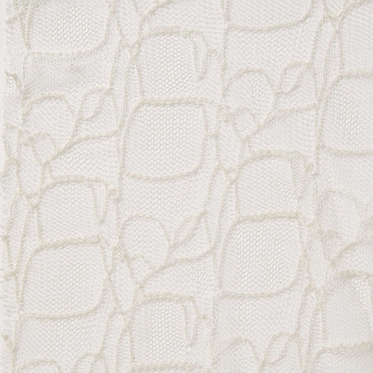 Presenting bedlam ae ivory color fabric with an elegantly simple embroidered design on ivory mesh base as a polyester and rayon blend 
