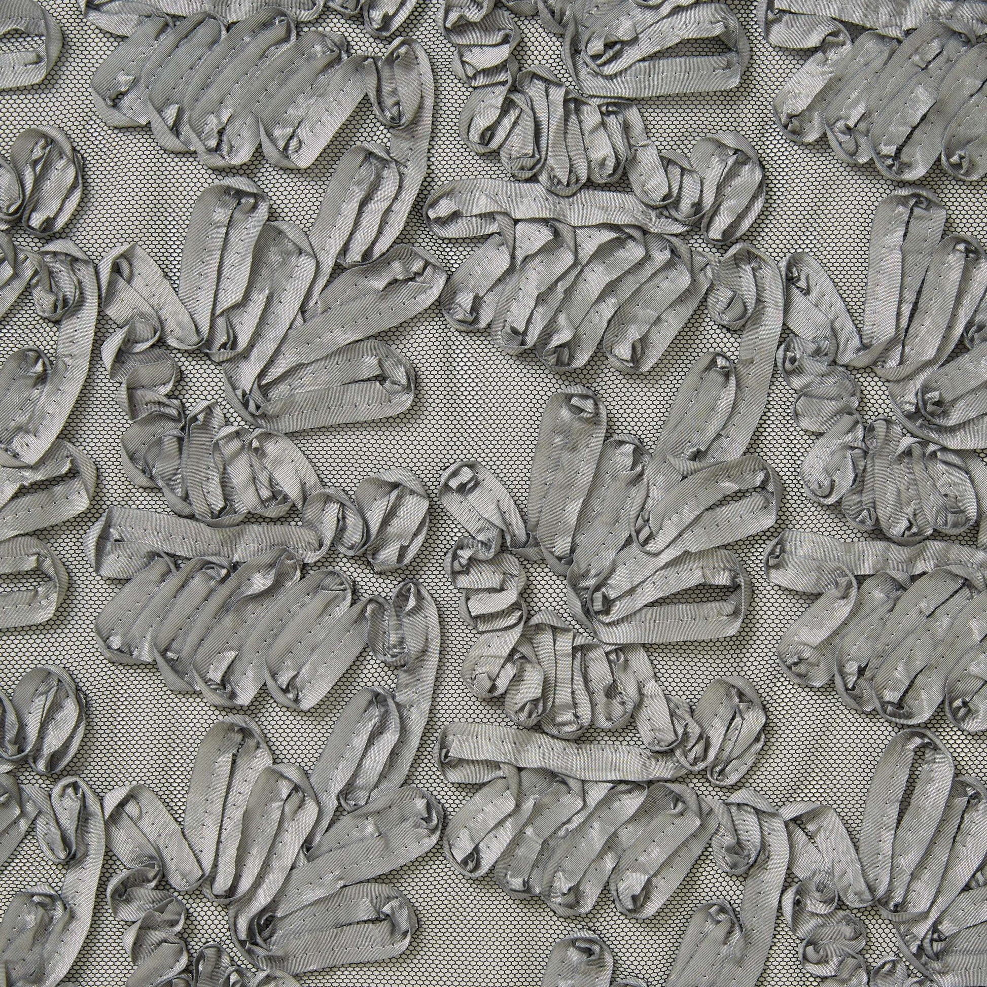 Presenting burbs silver colored fabric featuring abstracted floral design with embroidered ribbon on polyester silver mesh 