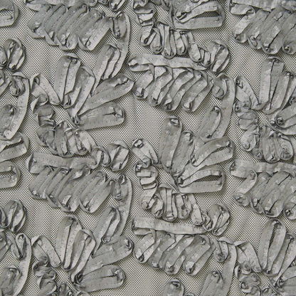 Presenting burbs silver colored fabric featuring abstracted floral design with embroidered ribbon on polyester silver mesh 