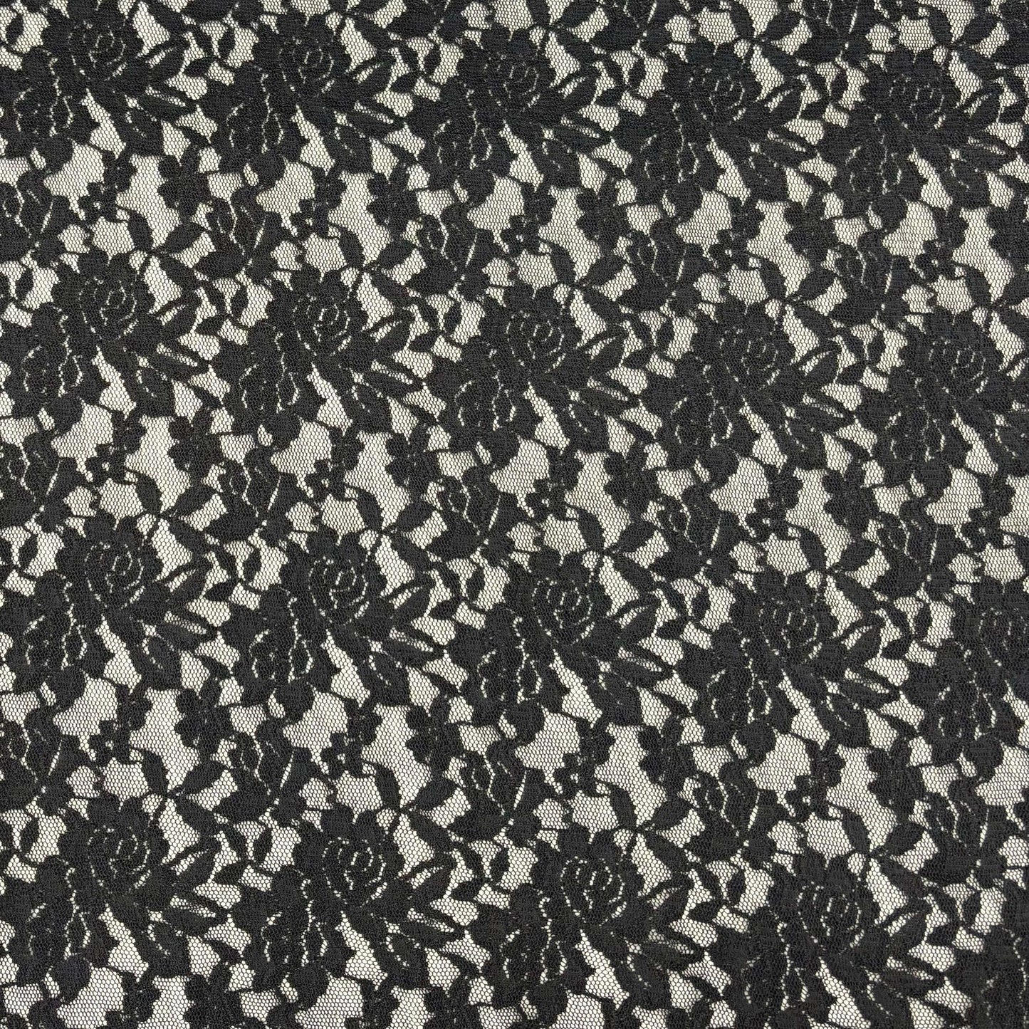 Presenting Dash Stretch Lace black cclored spandex and polyester blended floral body weight stretchable lace fabric