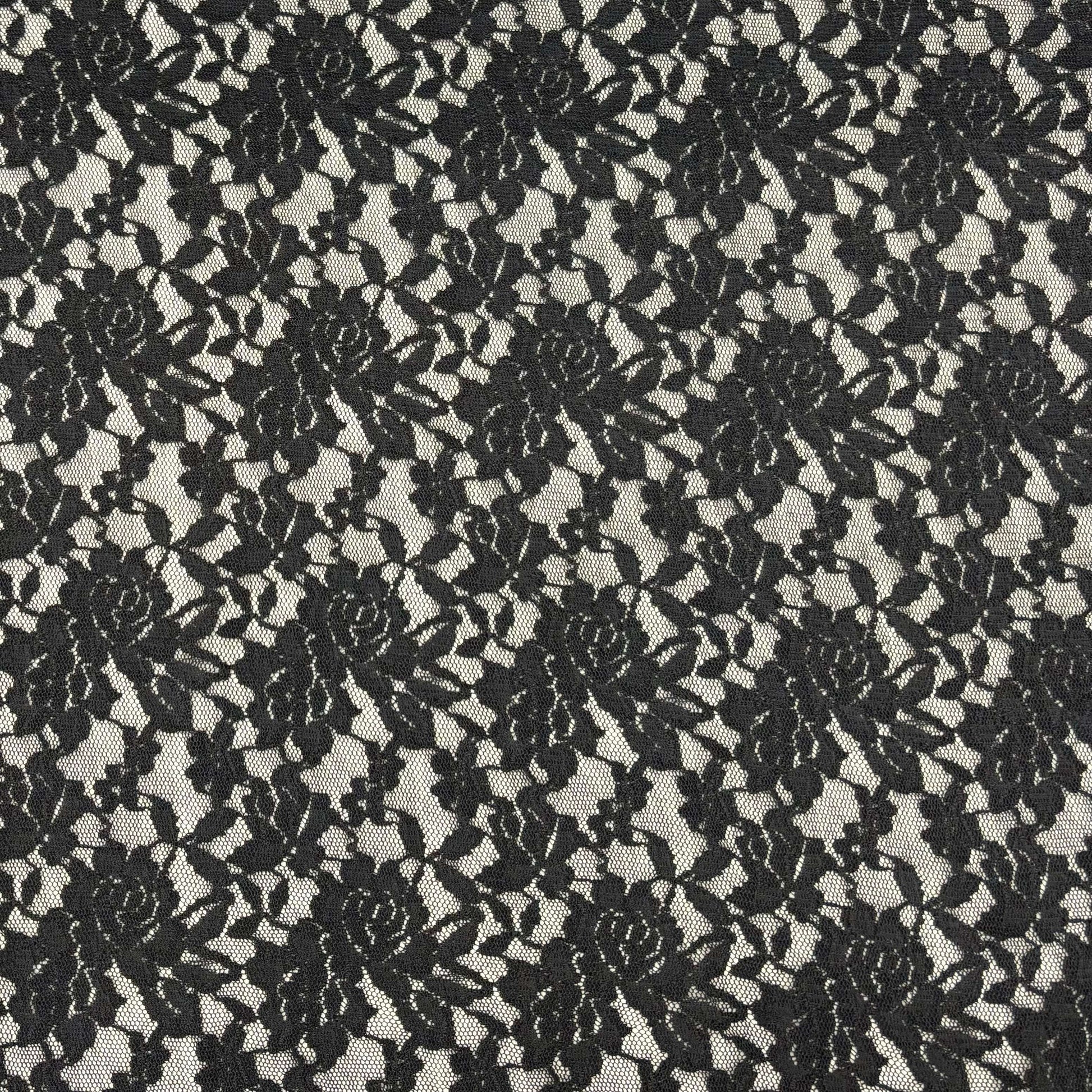 Presenting Dash Stretch Lace black cclored spandex and polyester blended floral body weight stretchable lace fabric
