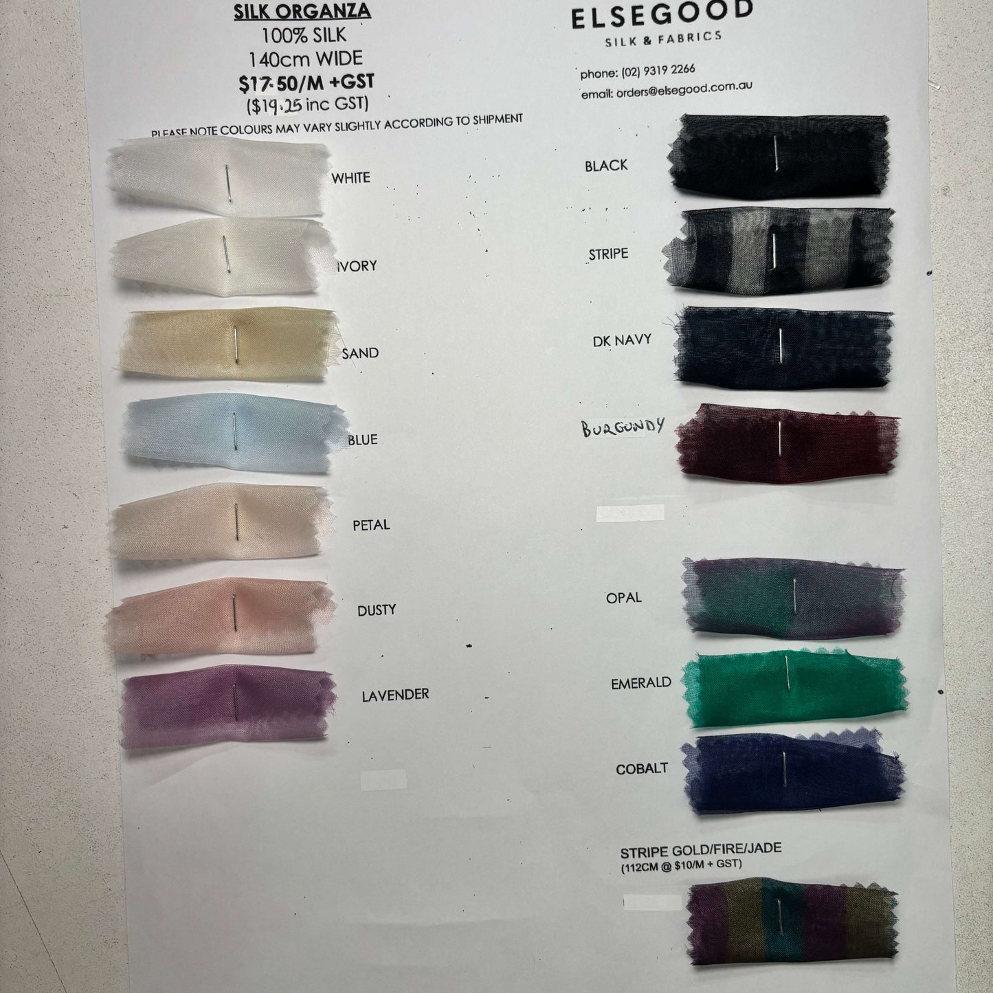 Showing the Silk Organza Color Card