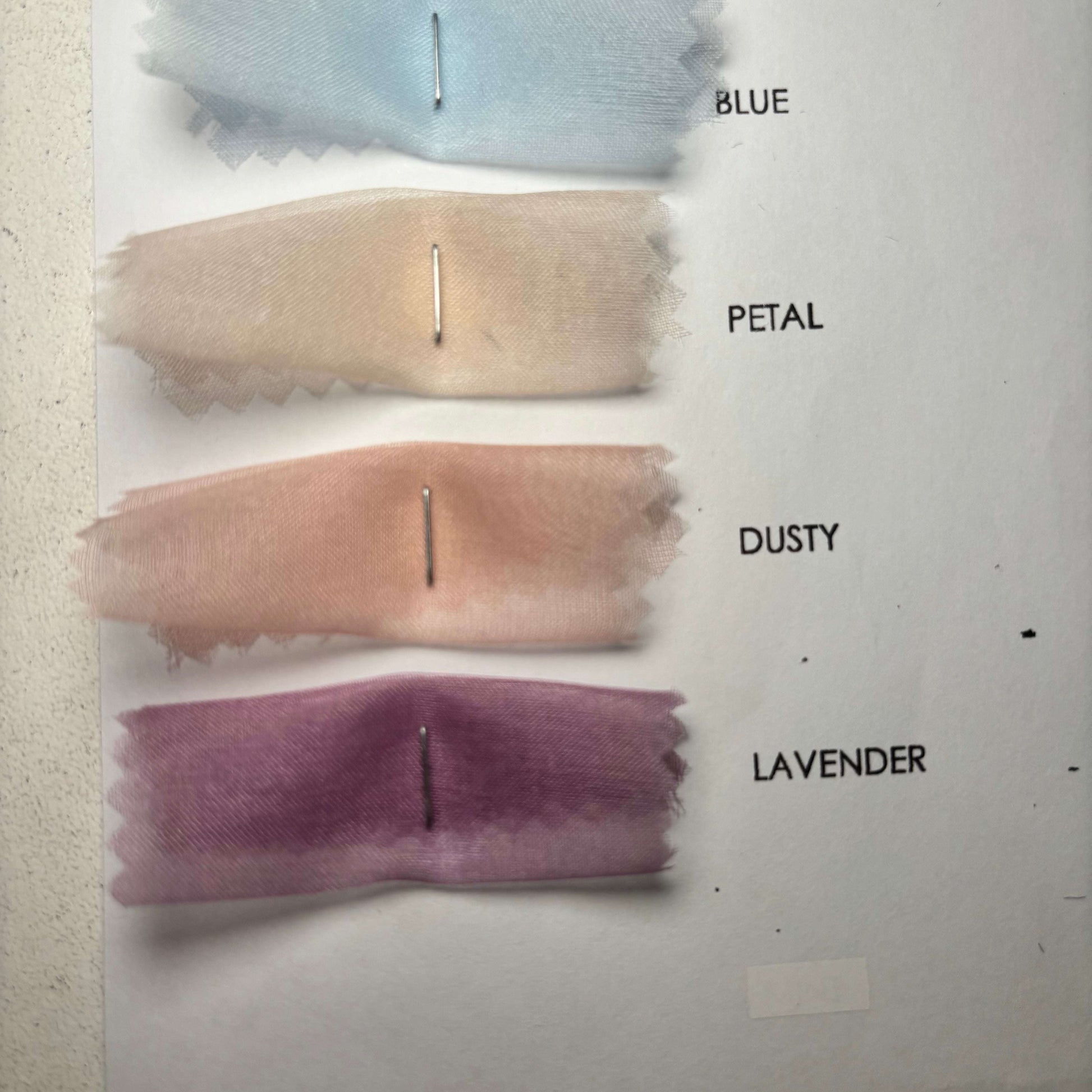 Showing the blue, petal, dusty and lavender swatches from the Silk Organza Color Card