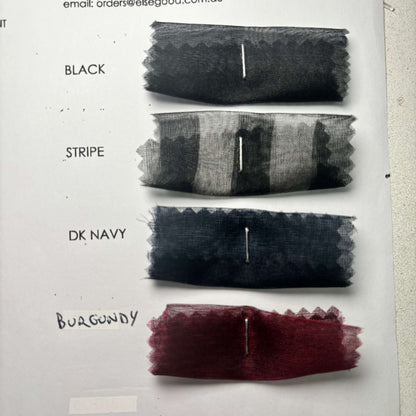 Showing the black, stripe, dark navy and burgandy swatches from the Silk Organza Color Card