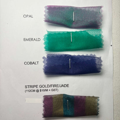 Showing the opal, emerald, cobalt and stripe gold fire jade swatches from the Silk Organza Color Card